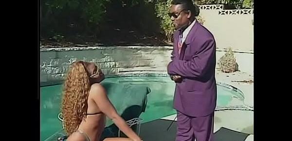  Big black dude fucks doggy style curly ebony chick near the pool and cums on her mouth-watering ass